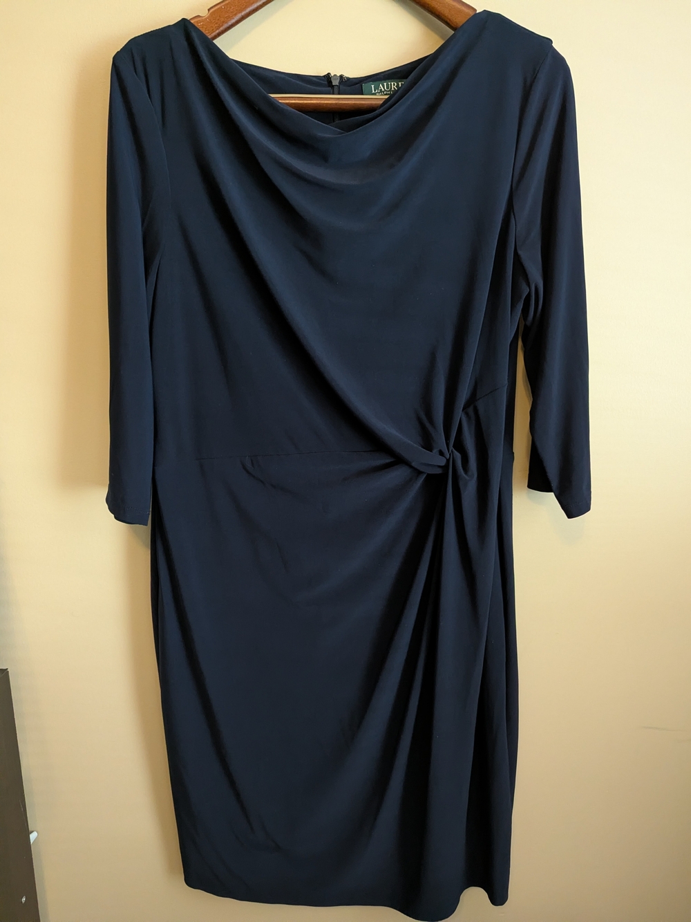 Ralph Lauren Navy Draped Knot-Detail Long Sleeve Dress